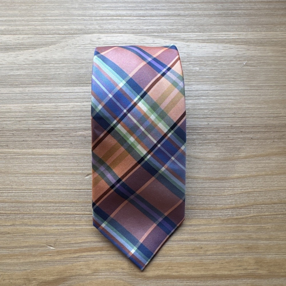 Tommy Hilfiger Men’s Necktie 100% Silk Plaid Print 57” X 3.25” Blue/Pink/Orange